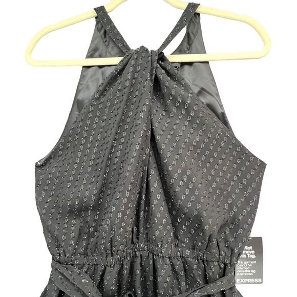 Express Metallic Halter Dress M Black Sparkle Fit Flare Belted Party Evening NEW - Picture 4 of 16